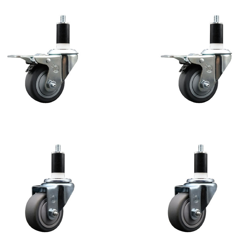 3 Inch SS Thermoplastic Rubber Swivel 1-3/8 Inch Expanding Stem Caster Set 2 Total Lock Brakes