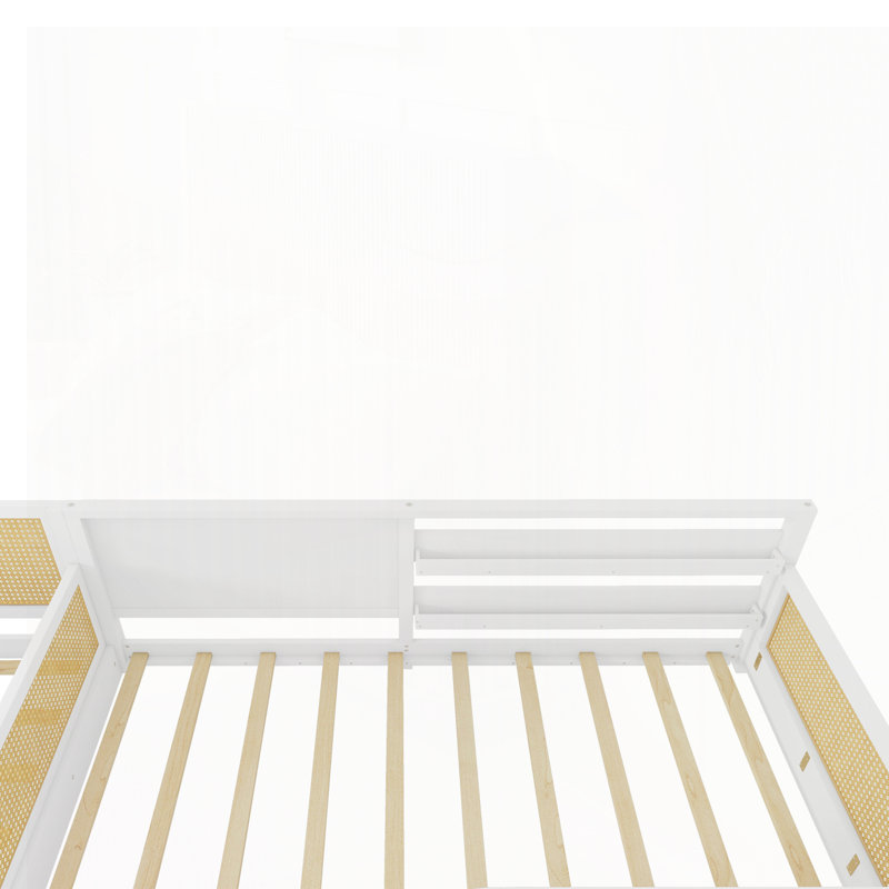 Lit d'enfant modulaire en forme de L, gain de place, fini en rotin, avec structure amovible et détachable, équipé de tableaux blancs, d'étagères et d'un éclairage intégré pour chambre d'enfant.