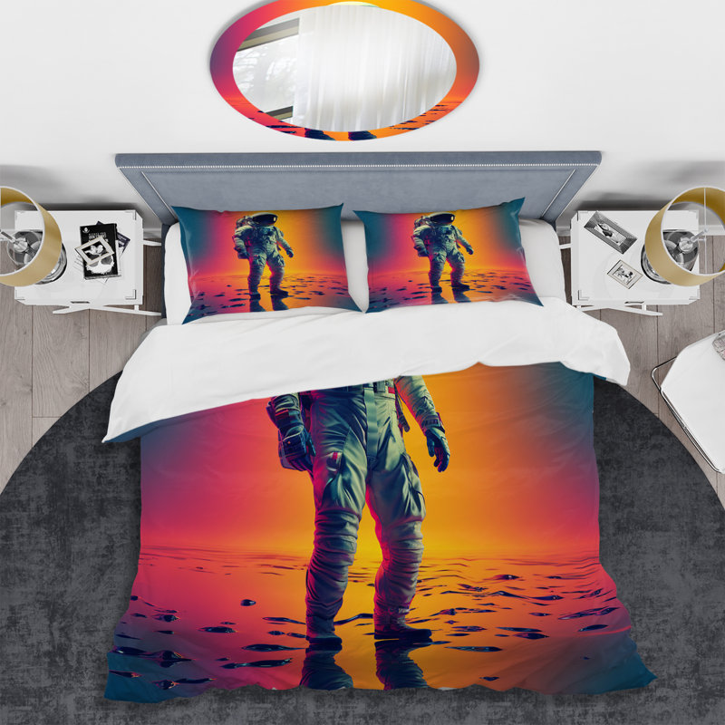 Ensemble de housse de couette astronaute rose orange à travers l'espace II, Housse de couette pour grand lit