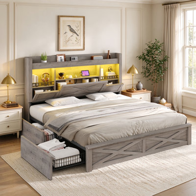 Storage Bed Full with LED Headboard and Charging Station – Farmhouse Platform Bed with 4 Drawers, Flip-Door Cabinets, USB Ports, No Box Spring Needed, Rustic Gray Wood & Metal Frame