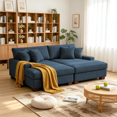 Oversized Upholstered Blue Chenille Sleeper Sofa Bed Lounge sofa with Armrests & Throw Pillows