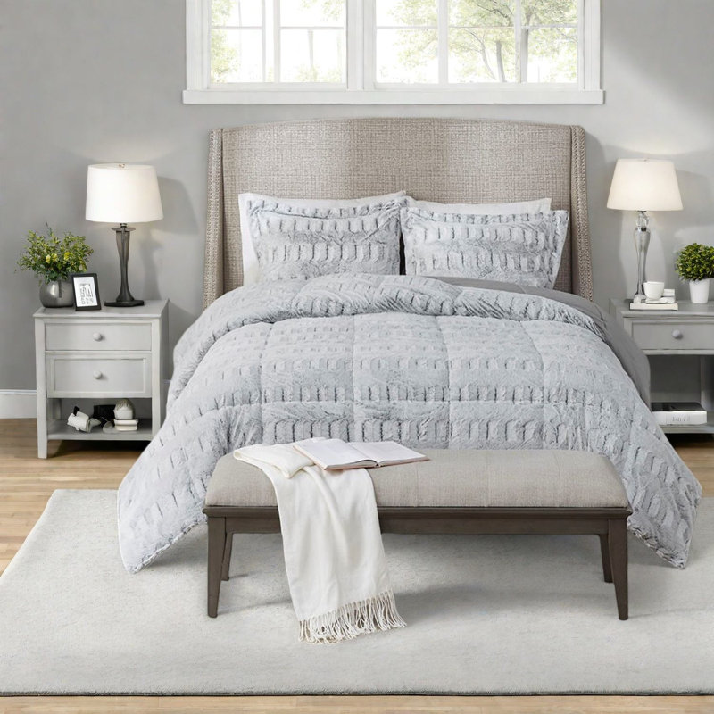 Ensembles de literie luxueux en fausse fourrure, édredon en polyester gris avec rembourrage hypoallergénique