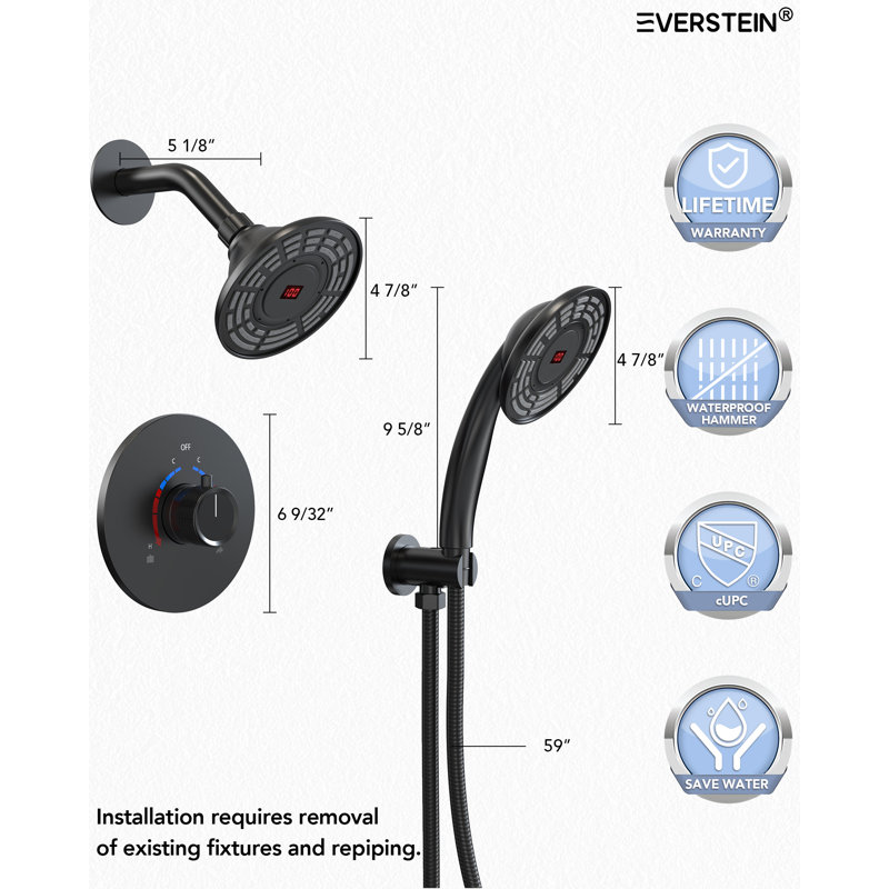 Ensemble de robinet de douche à affichage numérique avec valve brute Everstein, Noir mat