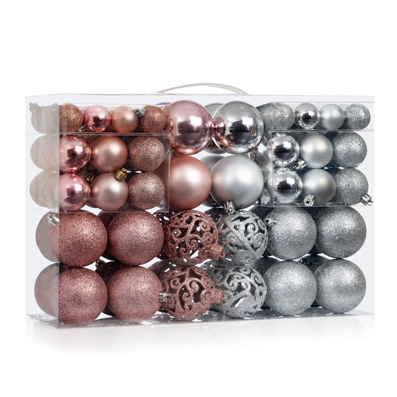 Rose Gold and Silver Shatterproof Christmas Ornament Set with Metal Hooks