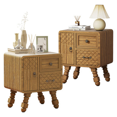 Set of 2 Vintage Solid Wood Nightstands with 2 Drawers and Cabinet, Antique End Tables for Bedroom or Living Room
