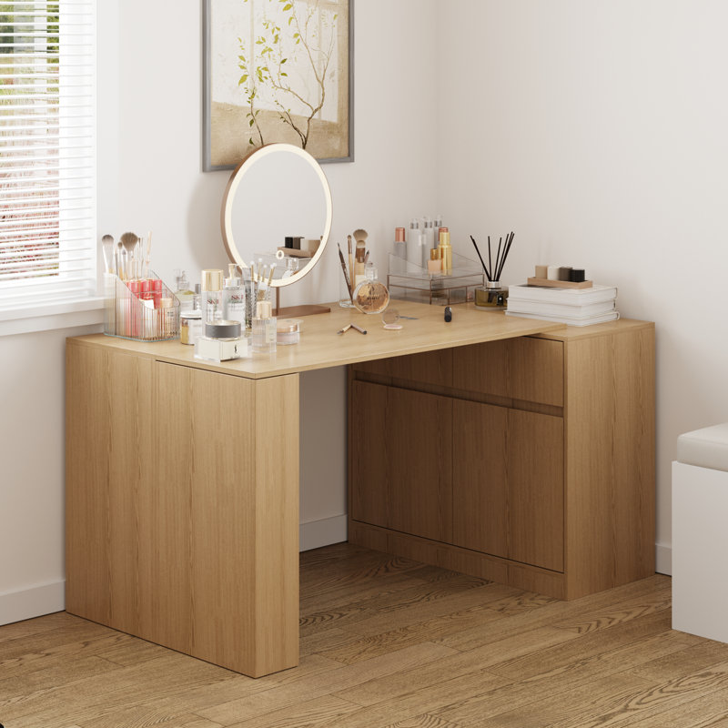 L-Shaped Makeup Table With Strong Storage And Foldable Tabletop