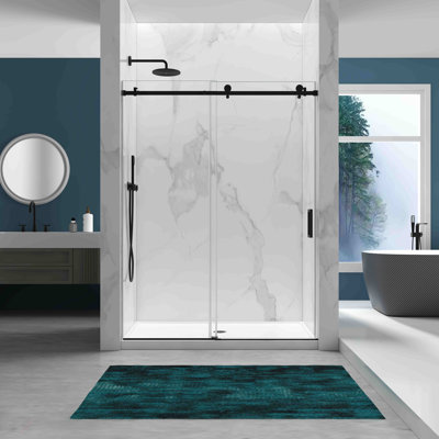 Porte de douche sans cadre de l 56 à 60 po x H 76 po, verre trempé Sgcc de 6 mm + protecteur, noir mat, poignée / rail en acier inoxydable, largeur réglable, installation facile