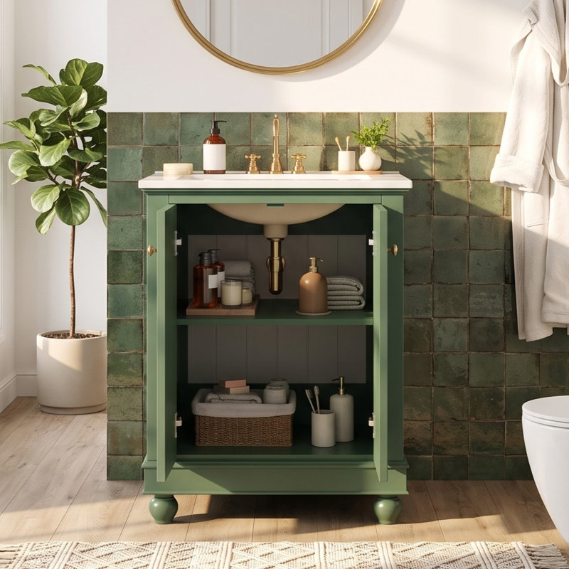 Meuble-lavabo de salle de bain avec lavabo en céramique et rangement à fermeture douce, Green