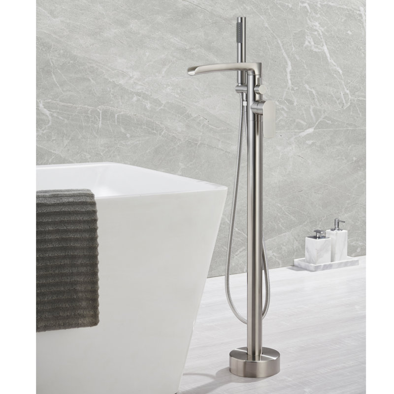 37.5" Solid Brass Floor Mounted Single Lever Handle Freestanding Tub Faucet, Waterfall Tub Filler With Handshower