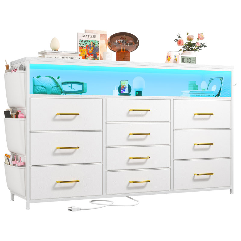 43.8" Dresser With Led Lights, Charging Station, 10 Fabric Drawers & Easy Assembly, White