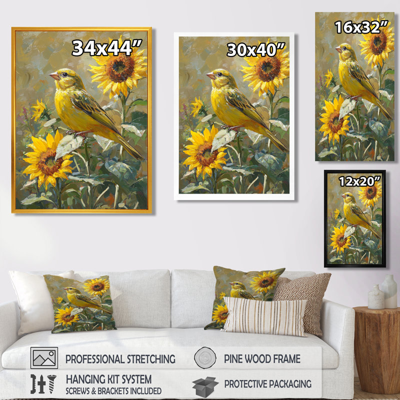 Drucella Finch, oiseau à la ferme, tournesols II - oiseau, art mural, Impression encadrée flottante, H 32 po x l 16 po, Doré