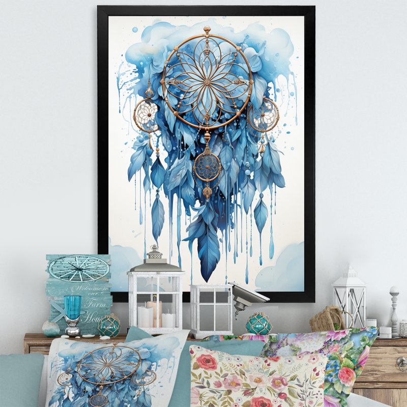«Blue Boho Dreamcatcher Watercolor I», reproduction sur toile, H 32 po x l 24 po x P 1 po, Cadre simple noir