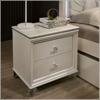 2 Drawers Nightstand With Acrylic Legs, Pearl White