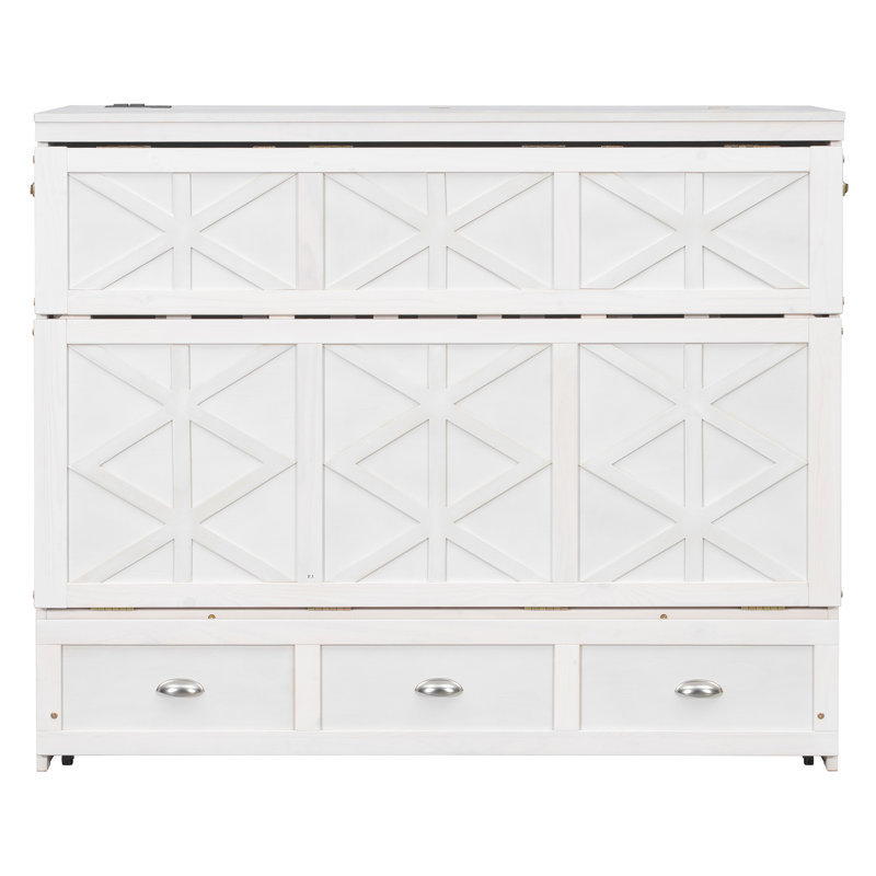 Lit escamotable double pleine grandeur avec grands tiroirs de rangement, blanc