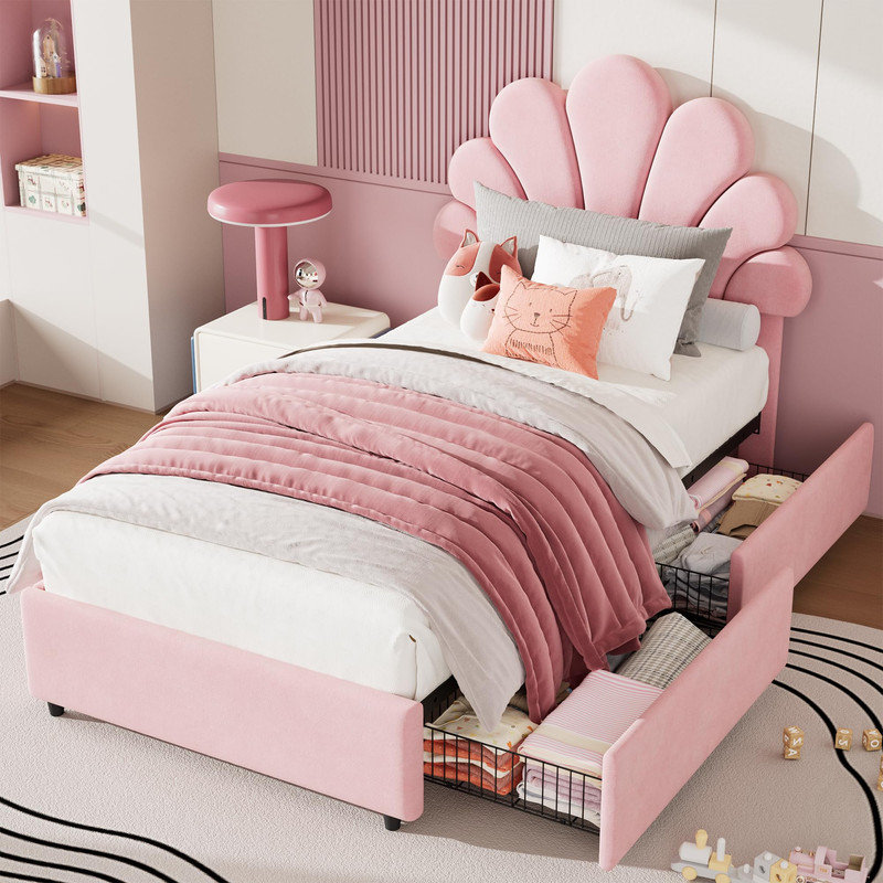 Structure de lit simple en velours rose avec rangement - tête de lit tapissier, lit plateforme avec lattes de bois, aucun sommier requis