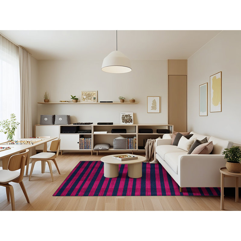 Tapis bleu à rayures horizontales lavable à la machine, Rectangle 7 pi x 9 pi