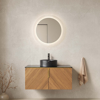 Meuble-lavabo de salle de bain, cabine de rangement murale en contreplaqué, comptoir en pierre frittée et lavabo rond en céramique