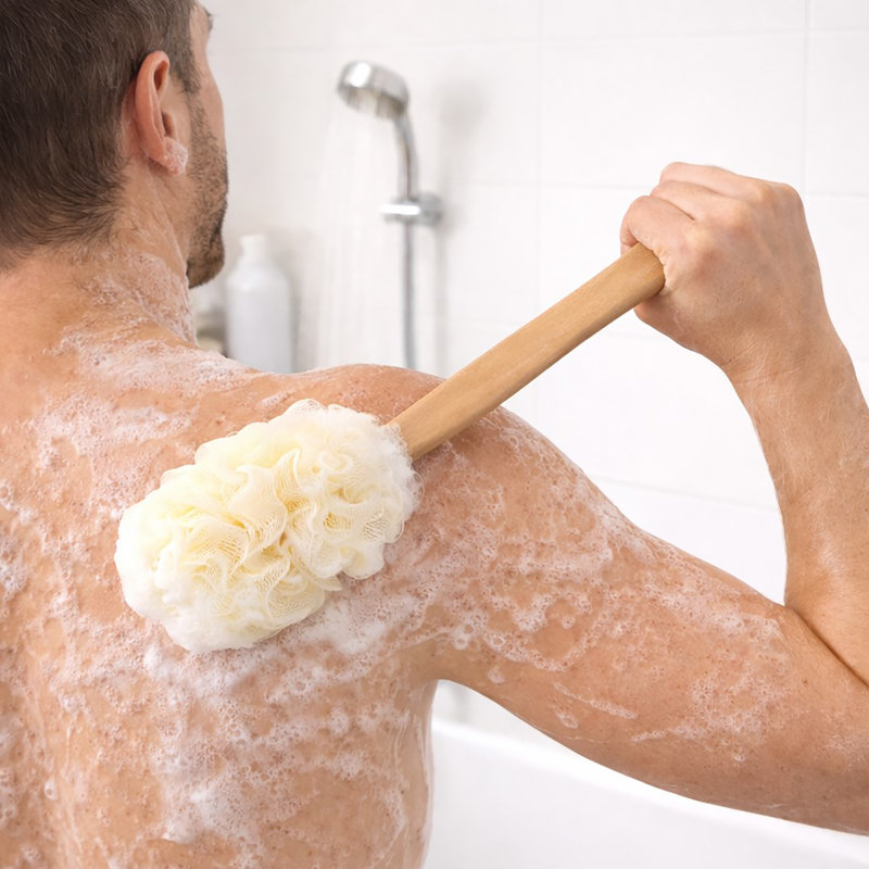 Luffa de bain à poignée en bois naturel