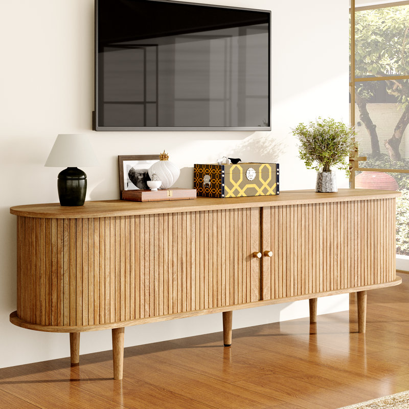 Meuble télé 70 po Mid-Century moderne avec pieds Jabbawy et bois massif, jaune, Jaune