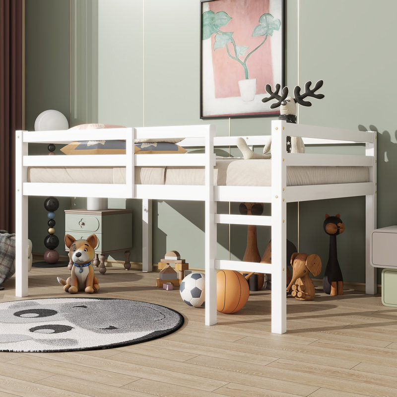 Lit mezzanine double en bois d'hévéa avec échelle, Blanc