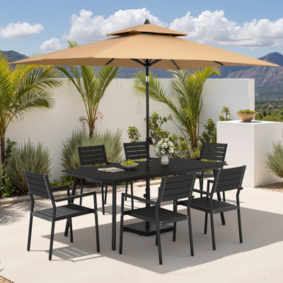 Ensemble repas pour 6 personnes en aluminium avec chaises empilables, parasol de patio et base lestée