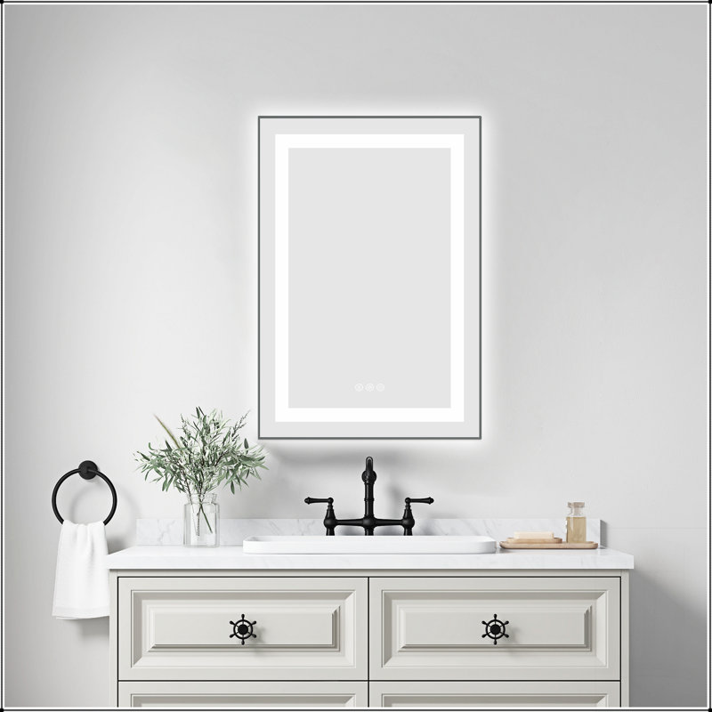 Miroir de salle de bain à DEL avec façade et rétroéclairage, miroir de meuble-lavabo mural avec cadre en aluminium, antibuée, mémoire, 3 couleurs, gradation continue