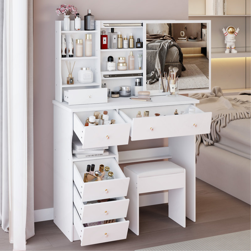 Table de meuble-lavabo de 37 po avec tabouret rembourré, rangement de grande capacité et commode pratique 37 po, Blanc
