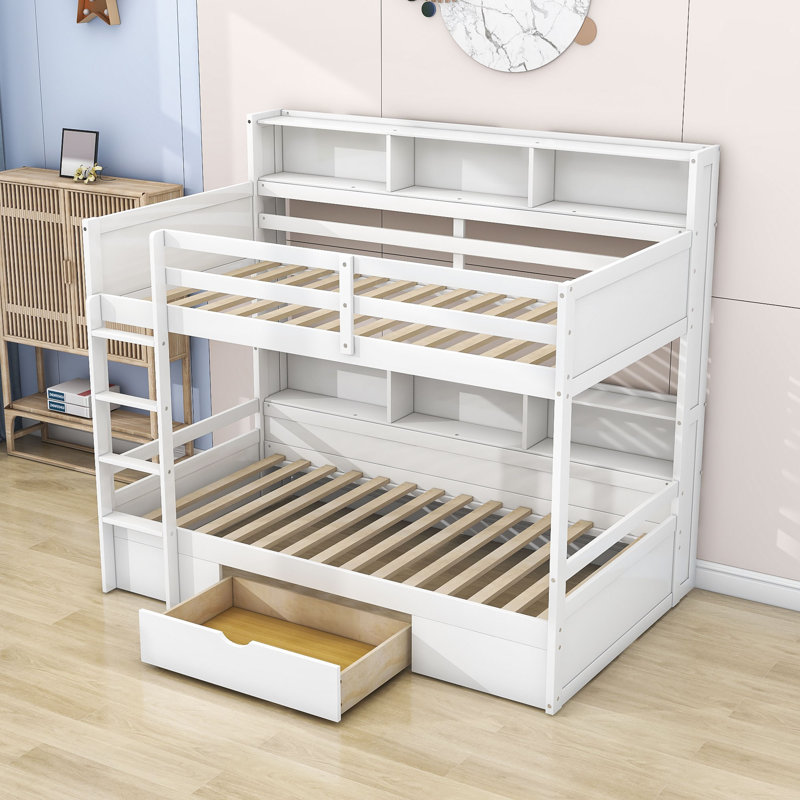 Fiquett Kids Twin Over Twin Bunk Bed with Drawers, White