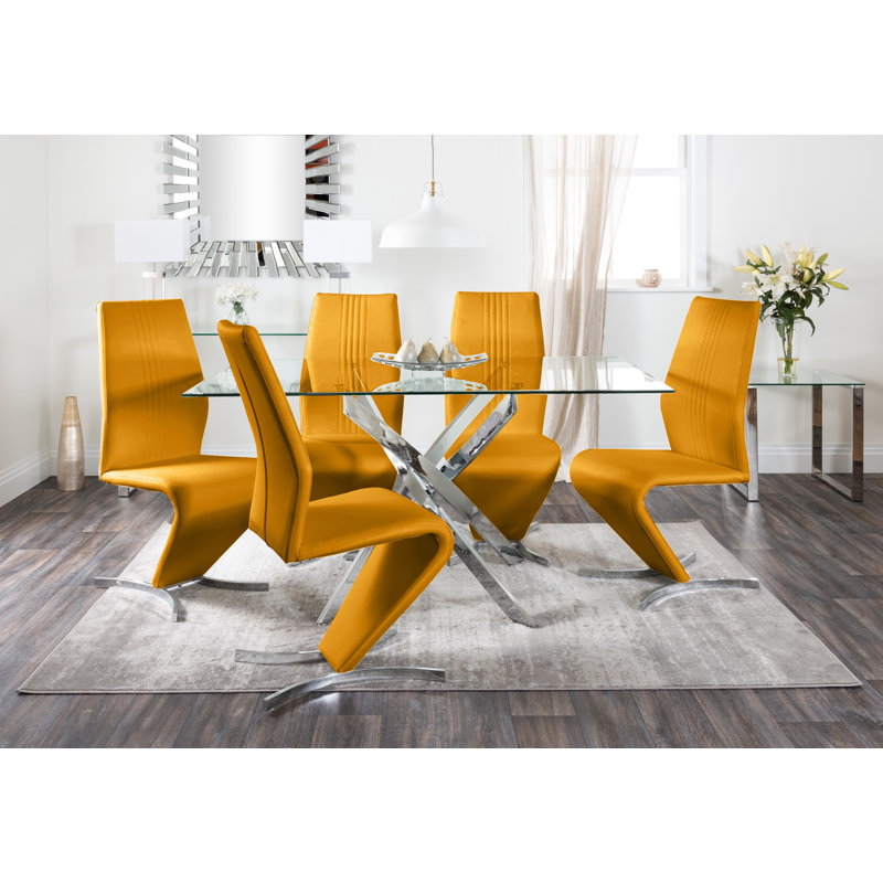 Lenworth Modern Chrome Metal and Glass Dining Table Set with 6 Luxury Faux Leather Dining Chairs, Mustard Yellow