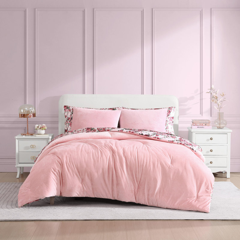 Twin Pink Velvet Reversible Comforter Set with Floral Design