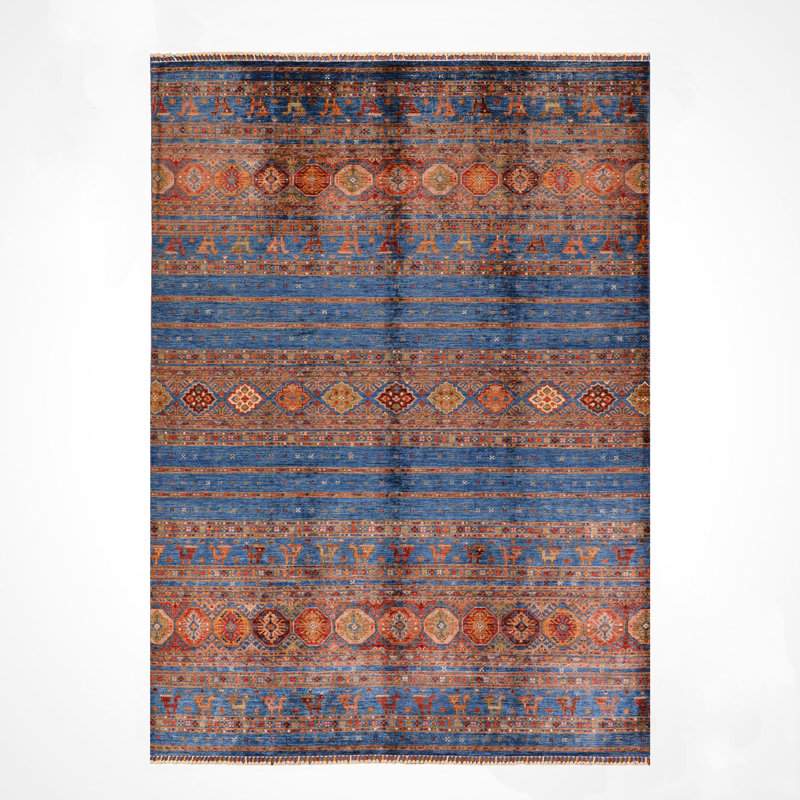 Tapis bleu original en laine et coton noué à la main