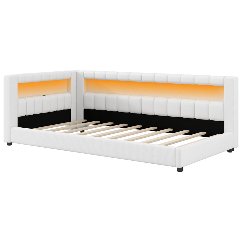 Twin XL Upholstered Platform Bed with USB Ports & LED Light Strip, Modern Bedroom, White, White, Twin XL