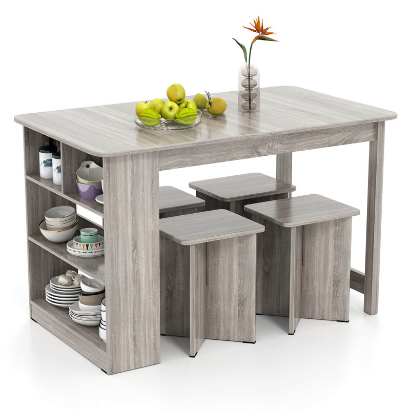 5 Pcs Dining Table Set With Storage Shelf Rectangular Kitchen Table With 4 Stools, Gray