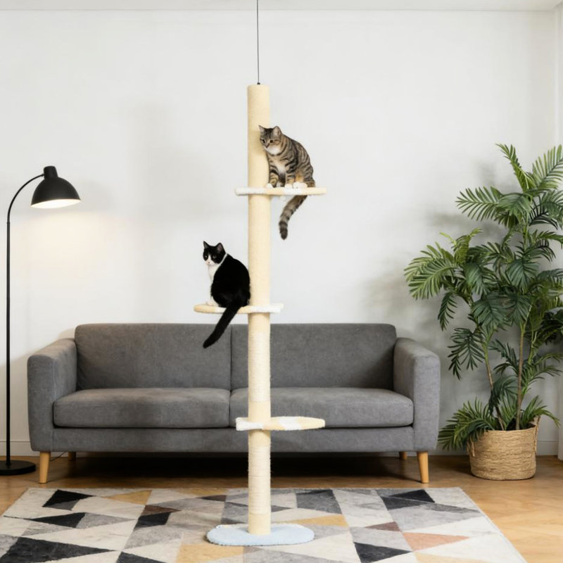 Du sol au plafond, 4 arbres à grimper 86,5 po à 102,25 po à hauteur réglable pour grattoir, base en bois de pin massif, doux et confortable pour les chats de moins de 10 lb