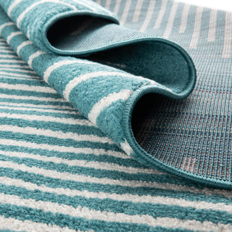 Tapis géométrique tissé à la machine en polypropylène turquoise, Rectangle 7 pi x 10 pi