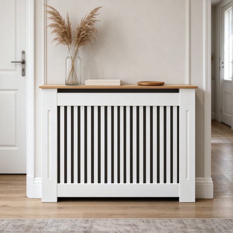 Extra Tall Vertical Slat MDF Radiator Cover with Wood Grain Top, Anti Tipping Fitting and Ventilated Shelf, 92cm High, Multiple Sizes Available for Bedroom Kitchen Hallway