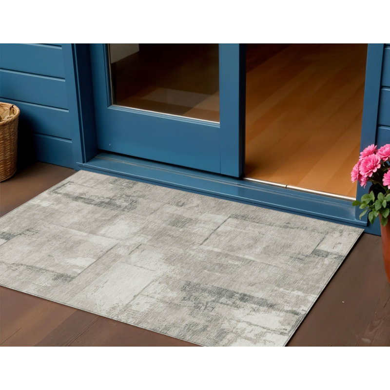 3' X 5' Beige And Gray Geometric Washable Indoor Outdoor Area Rug
