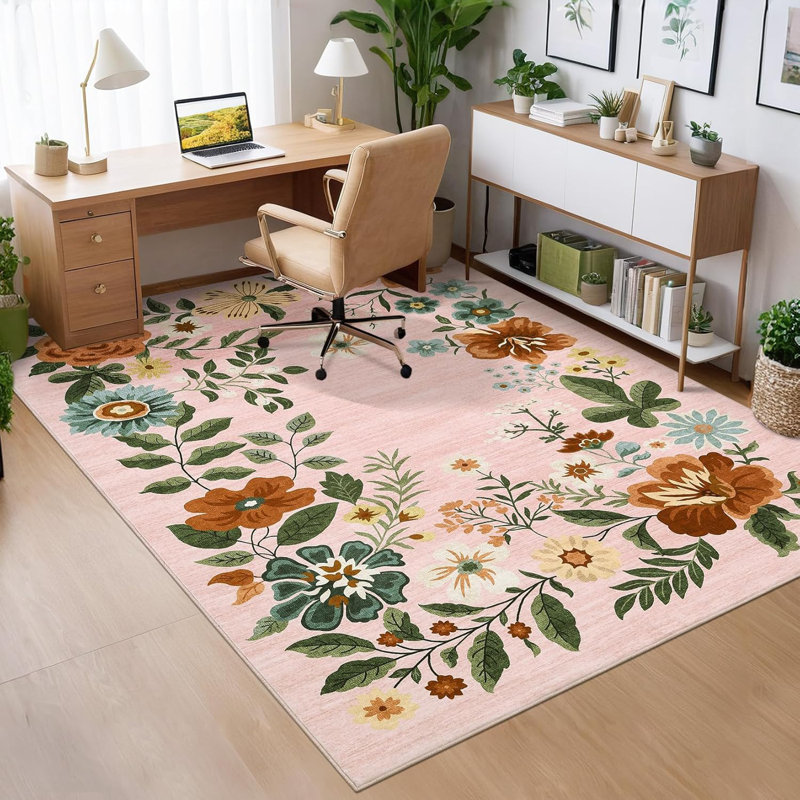 4x6 Floral Washable Area Rug, Non-Slip Non-Shedding Living Room Rug, Low Pile Stain-Resistant Throw Carpet, Foldable Printed Soft Carpet