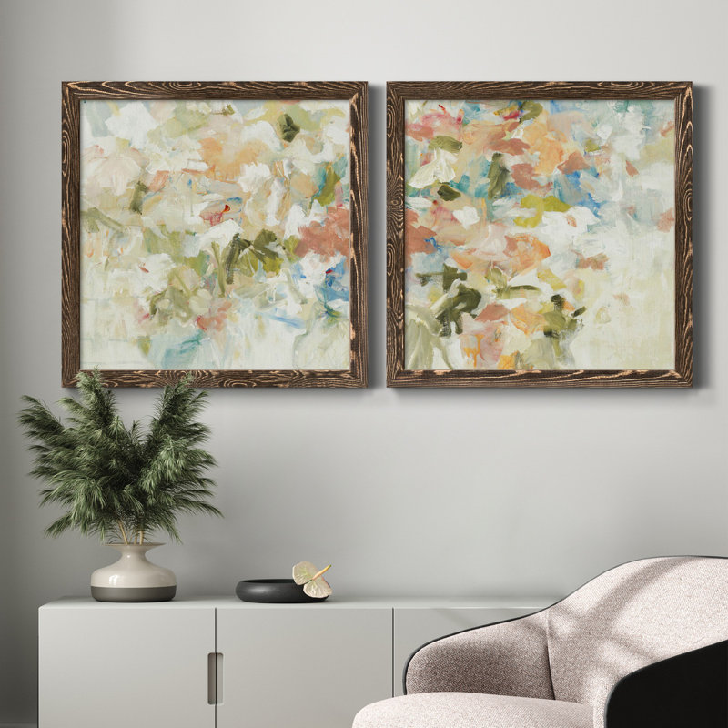 Floral Blush I - ensemble de 2 reproductions d'art sur toiles, Cadre noyer, H 35,5 po x l 71 po x P 1,5 po