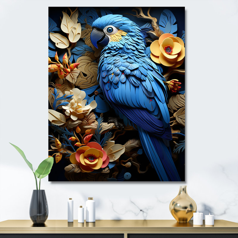 «Blue Parrot Paradise», reproduction d'art mural, H 32 po x l 16 po x P 1 po, Toile tendue