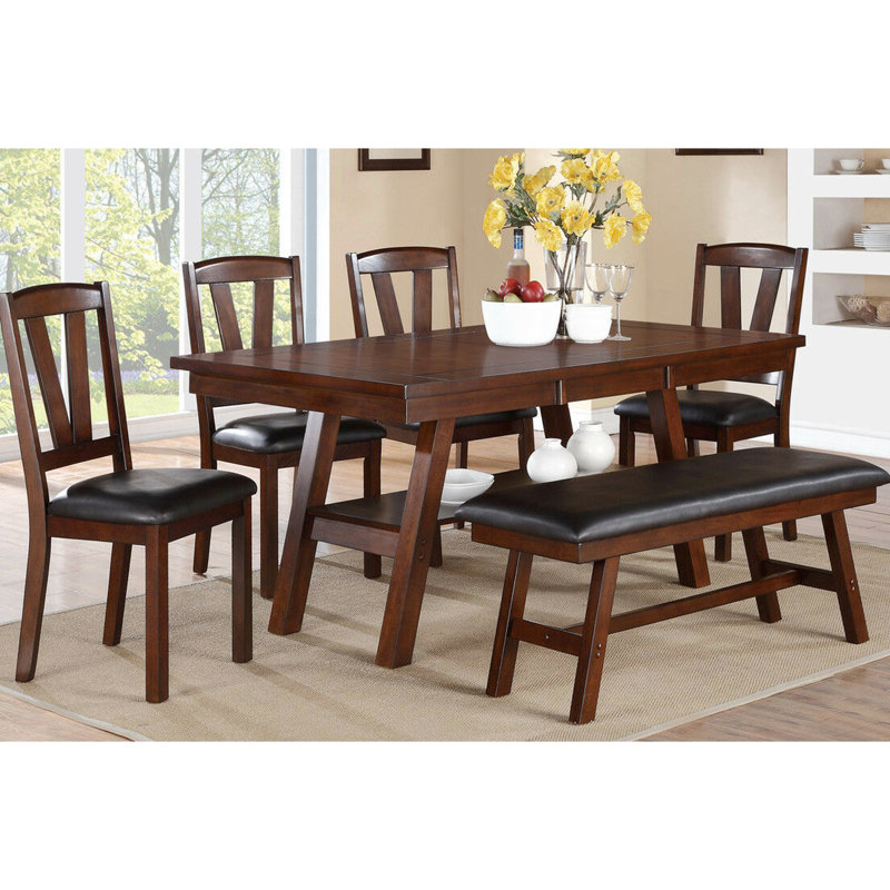 Table à manger contemporaine en noyer foncé de 6 pièces: table rectangulaire, 4 chaises, 1 banc, bois d'hévéa, dossier en V, rangement ouvert, placage de bouleau, sièges en similicuir, base de rangement pour coussins