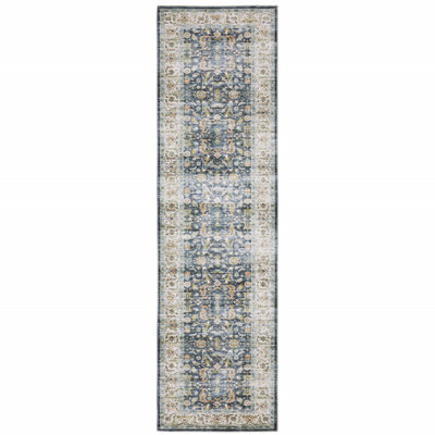 Annegrethe Oriental Machine Washable Performance Non-Skid Blue/Gold Area Rug Mat