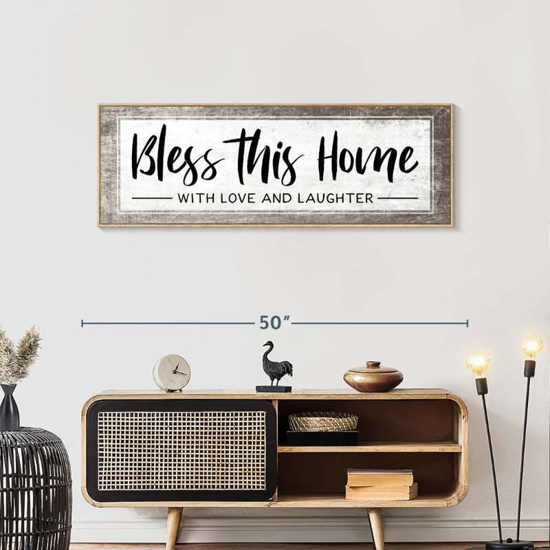 Plaque murale «Bless This Home», 46 po x 16 po, Cadre flottant en bois naturel