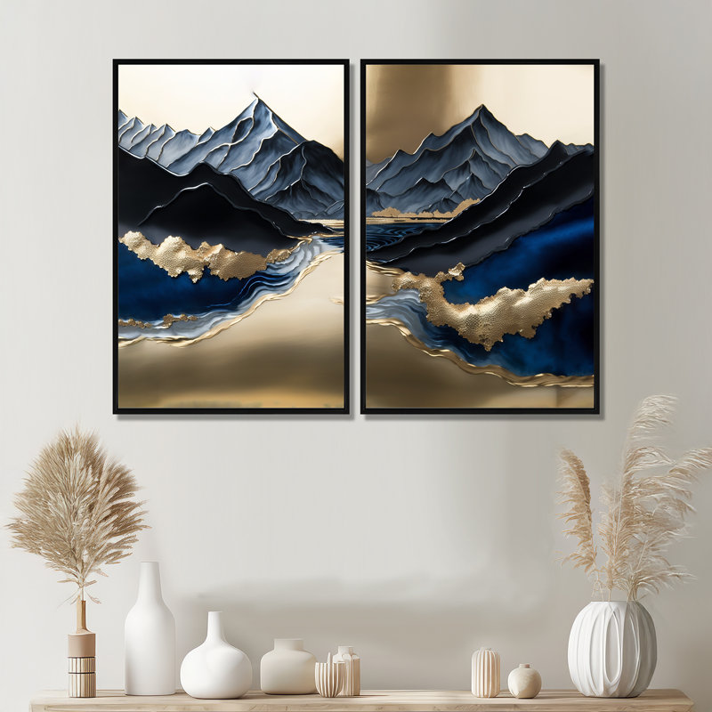 Montagnes dorées et rivière - art mural doré, Noir, H 36 po x l 48 po, Impression encadrée flottante