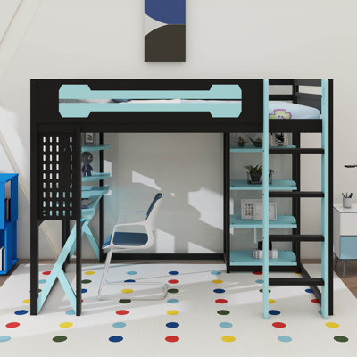 Lit mezzanine pour jouer avec bureau, tablettes, prise de courant, lit mezzanine en bois avec lumière RVB et planche suspendue, échelle et garde-corps