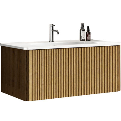 Meuble-lavabo flottant en chêne naturel de 36 po, fixation murale, lavabo blanc brillant, stratification par film, tiroir à ouverture par pression, chêne en forme de U moderne, bords courbés en céramique, film, tiroir spacieux avec forme