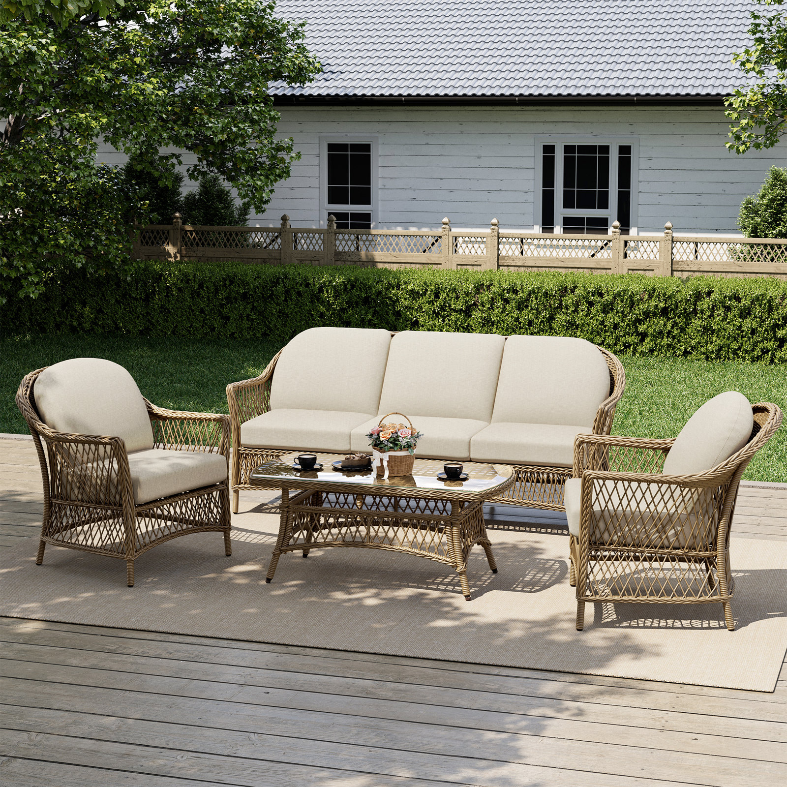 Kyla 4-Piece Wicker Patio Conversation Set With Coffee Table And Beige Cushions