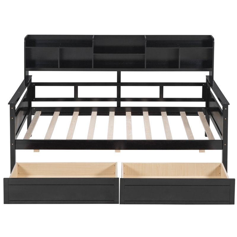 -Coloured Daybed With Solid Wood Frame, Two Drawers, And Bedside Space Shelves, Drawer Storage