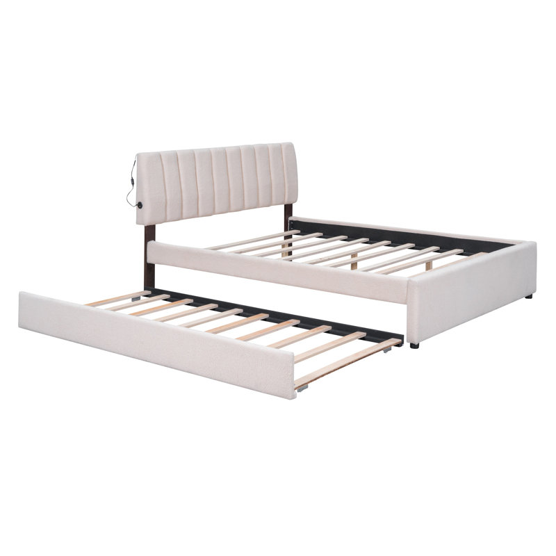 Grand lit plateforme tapissier Teddy, Beige, Grand lit