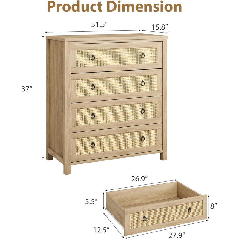 Dresser for Bedroom Rattan Chest of Dressers 37 in Tall Dresser for Closet with 4 Rattan Drawers Boho Nightstand Large Clothes Storage Cabinet for Bedroom, Nursery, Living Room, Natural